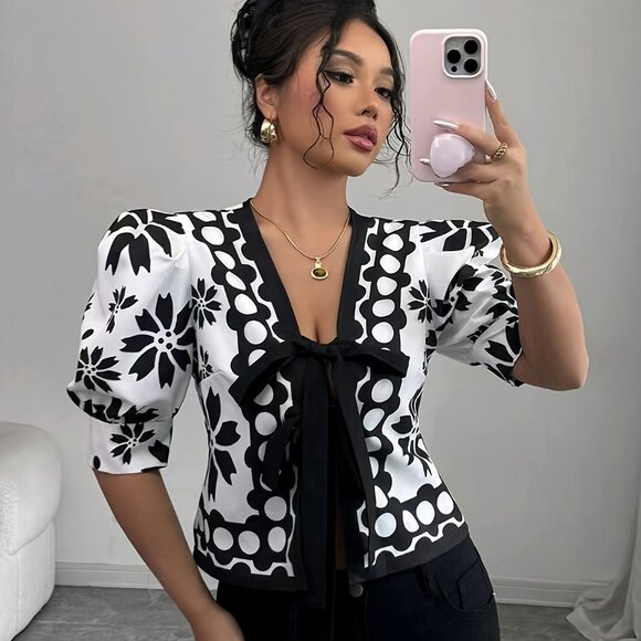 Noir Blossom Tie-Front Blouse – Puff Sleeve Statement Top - Picture 2 of 5